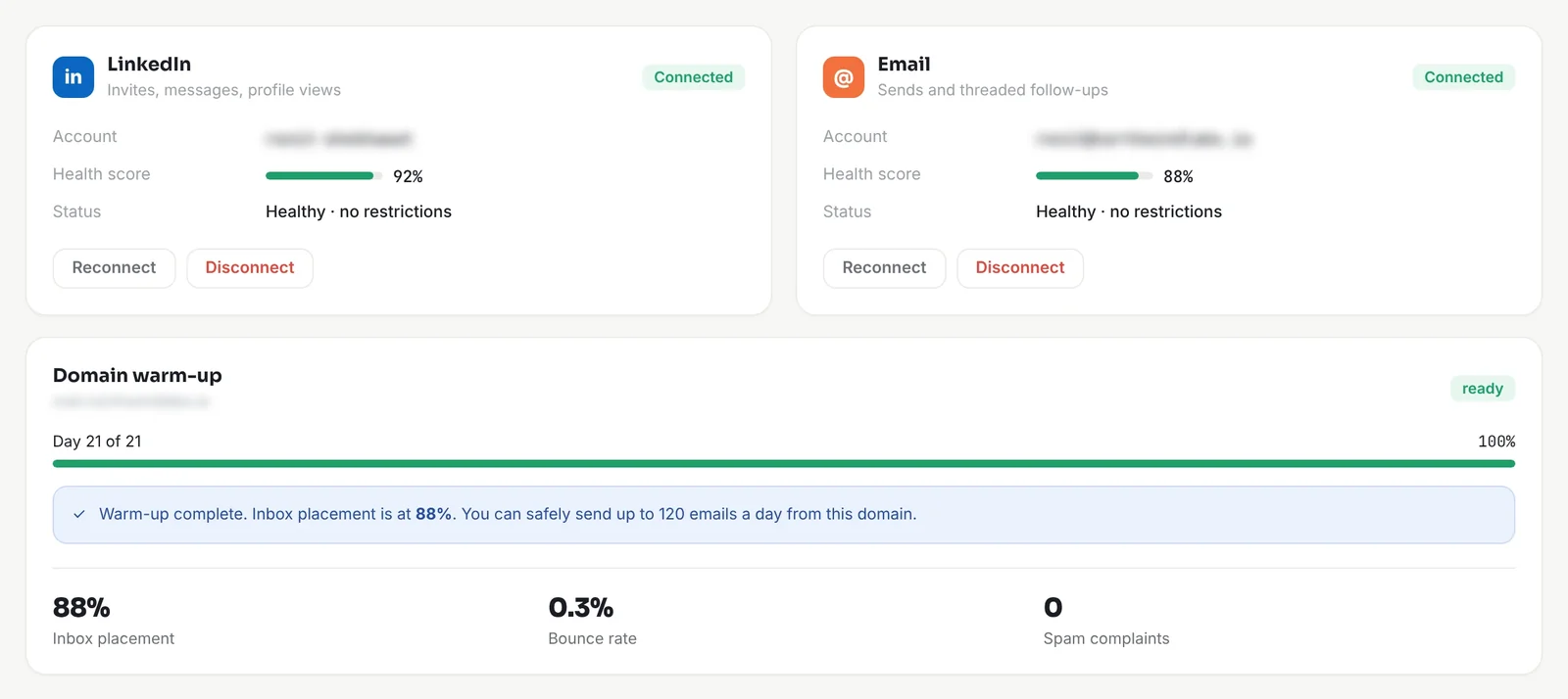 Connected LinkedIn and email accounts with account health and domain warm-up